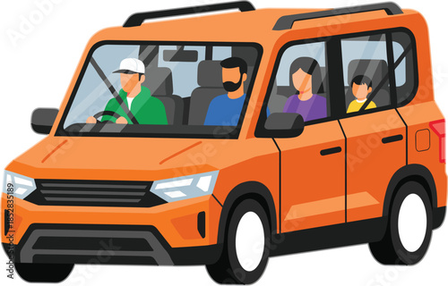 Family traveling together in modern SUV car with driver and passengers, road trip and transportation concept, colorful flat vector illustration isolated on white