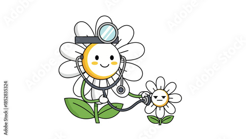 Doctor daisy flower examines a patient daisy flower with a stethoscope