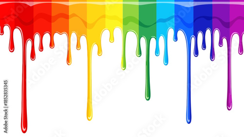 Dripping rainbow paint streaks on white background