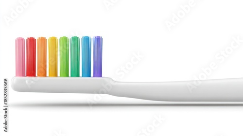 Close up of a white toothbrush with a rainbow of colorful bristles