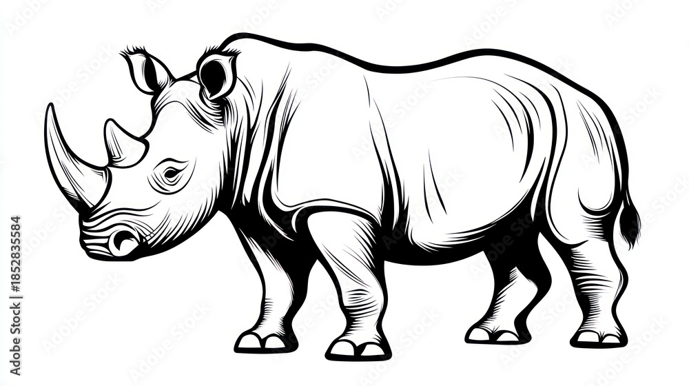 Obraz premium Bold monochrome illustration of a rhinoceros on isolated white background