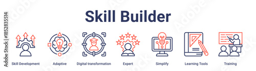 Skill Builder banner web icon vector illustration concept for education with icon of Skill Development, Adaptive, Digital transformation, Expert, Simplify, Learning Tools.
