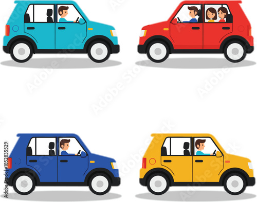 Colorful cartoon car collection with drivers and passengers, family transportation and urban travel concept, flat vehicle set vector illustration isolated on white