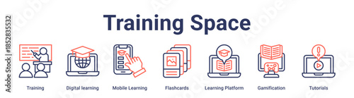 Training Space banner web icon vector illustration concept for education with icon of Training, Digital learning, Mobile Learning, Flashcards, Learning Platform, Gamification.