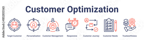 Customer Optimization banner web icon vector illustration concept for education with icon of Target Customer, Personalization, Customer Management, Responsive, Customer Journey, Customer Needs.