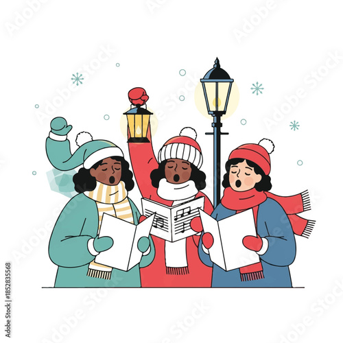 Three diverse women in winter clothing singing carols from sheets of paper under a street lamp with a snowy atmosphere.