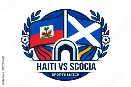 Haiti vs scotland football match emblem with flags and laurel wreath