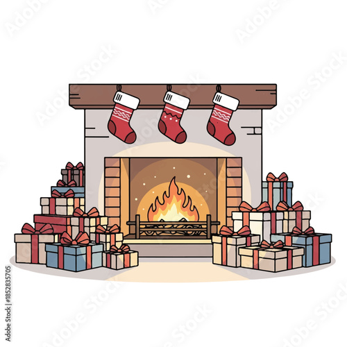 Colorful cartoon illustration of a cozy fireplace with stockings and gifts on a white background, warm and festive holiday scene.