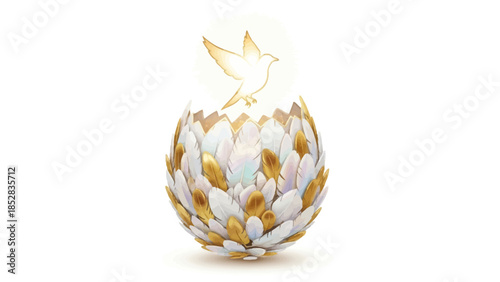 Feathered egg with a dove emerging glowing golden
