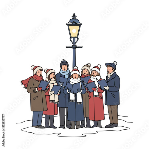 Illustration of a group of people in winter clothing singing Christmas carols under a street lamp on a snowy day with a white background.