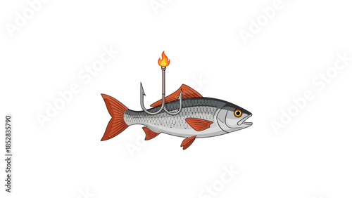 Fish hooked on a fishing hook with fire