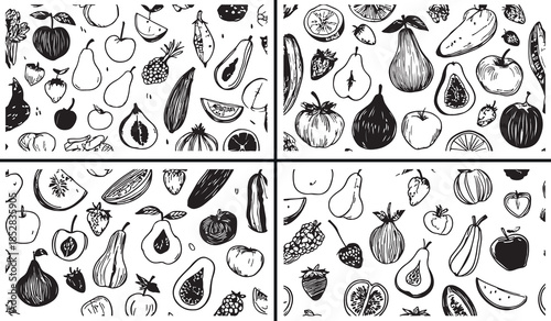 fruit vegetable clipart, botanical food illustration, hand drawn produce art, healthy food drawings, kitchen ingredient sketches, black white food clipart, printable food icons, culinary illustration 