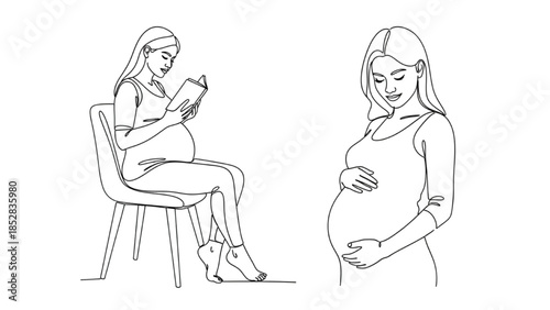 High-quality black continuous line art of pregnant women, one sitting on a chair reading a book and another standing holding her belly, maternity, motherhood, prenatal care, wellness illustration