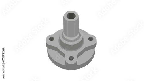 Isometric view of a gray hexagonalshaped shaft with a threehole flange