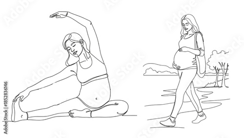 High-quality black continuous line art of pregnant woman doing light stretching or prenatal yoga and pregnant woman walking with relaxed posture, maternity wellness