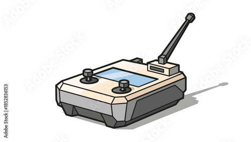 Isometric illustration of a remote control with two joysticks and an antenna