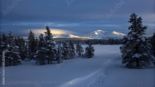 Serene Winter Landscape Unveiling Golden Sunlight on Distant Snow-Capped Mountains, a Frost-Kissed Forest, and Pristine Snow-Covered Fields Under a Dramatic Sky
