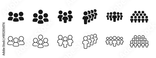 People and crowd icon set with groups, teams and community symbols. Clean vector icons for business, social networks, user interfaces, HR, audience analysis and corporate projects.