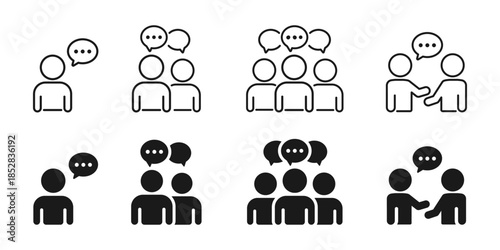 Communication icon set showing people talking, group discussion and collaboration. Vector icons for business communication, teamwork, meetings, negotiation, social interaction and user interfaces.