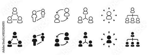 Team collaboration and social network icon set. Clean vector icons for business management, teamwork, organization charts, communication, corporate UI and workflow design.