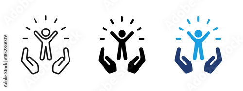 Support and care icon showing protected person in helping hands. Clean vector symbol for assistance, safety, trust, charity, healthcare, social services, empowerment and human support concepts.