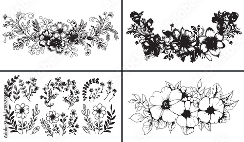 floral border clipart, decorative flower illustration, botanical frame designs, hand drawn floral borders, elegant flower sketches, black white floral clipart, printable floral frames, wedding decorat