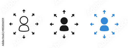 User distribution and expansion icon showing influence and reach in all directions. Clean vector symbol for network growth, audience outreach, marketing communication, scalability and business concept