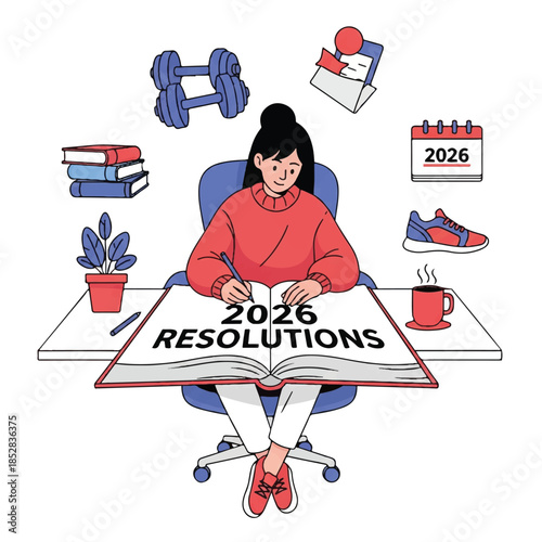 Woman sitting at a desk writing in a large book labeled '2026 Resolutions' surrounded by fitness and planning items.