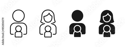 Parent and child icon set representing family, parenting and childcare. Clean vector symbol for mother and father profiles, protection, care, support and family relationship concepts.
