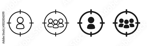 Audience targeting icon set showing individual and group focus symbols inside target circles. Concept of marketing, customer segmentation, analytics, and business strategy. Clean minimal vector style.