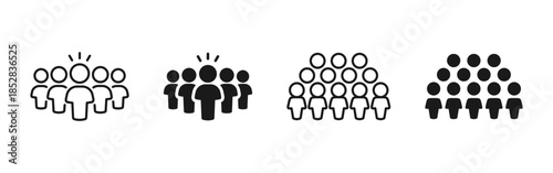 Crowd and audience people icon set showing group of people and public gathering. Vector symbols for community, society, teamwork, population, event audience and social interaction concepts.