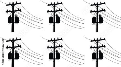 Utility pole silhouette vector set, electrical infrastructure, power lines, transformer icon, energy grid, black outline, urban distribution