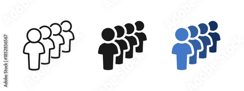Queue and line of people icon set showing waiting crowd in order. Vector symbols for queue management, customer service, public waiting line, population flow and organization concepts.