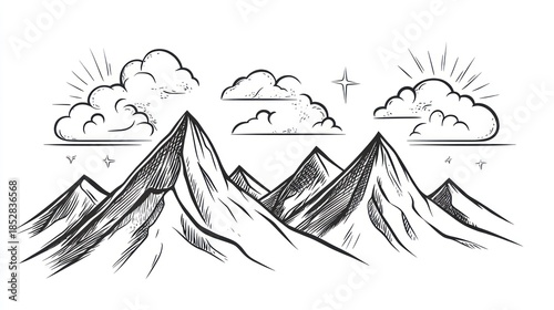 Line art illustration of mountain range with clouds and sunbursts on white background