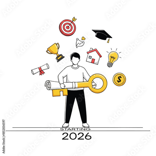 Illustration of a man holding a large key surrounded by symbolic icons for success, education, and finance on a white background with a starting 2026 timeline.