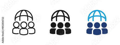 Global audience and community icon. People group under globe symbol representing worldwide network, international users, global communication and online community.