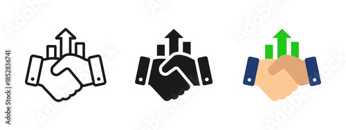 Business handshake with upward arrows symbolizing partnership growth, agreement, success and trust. Corporate collaboration icon for finance, startup, investment and teamwork concepts.