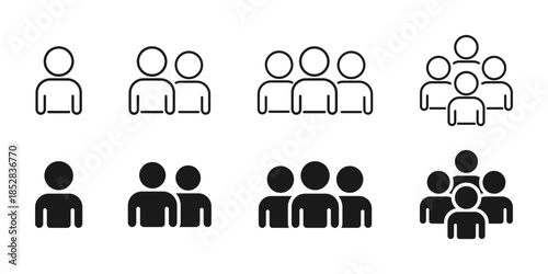 People group icon set in outline and solid style. Team, community, profile and business user symbols for UI, UX, web design, apps, dashboards and corporate interfaces.