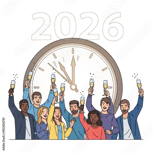 Illustration of a diverse group of people celebrating with champagne glasses in front of a large clock striking midnight on a white background with 2026 written above.