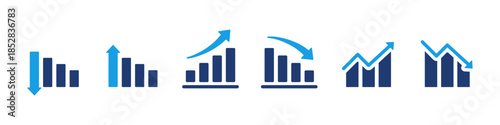 Business chart and graph icon set in blue corporate style. Analytics, data statistics, growth and decline symbols for finance reports, dashboards, presentations, KPI tracking and modern UI design.