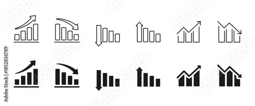 Business chart and graph icon set in outline and solid style. Analytics, statistics, growth and decline symbols for finance reports, data analysis, dashboards, presentations and corporate UI design.