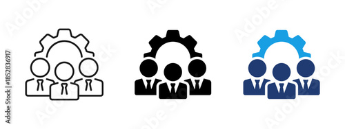 Team icon with gear symbol. Business people and management workflow pictogram representing organization, process control, collaboration and corporate operations.