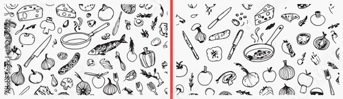 kitchen object clipart, food utensil illustration, cooking doodle icons, hand drawn kitchen art, culinary tool sketches, black white kitchen clipart, printable kitchen icons, food preparation pack, ki