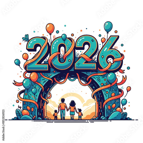 Illustration of a family walking under 2026 archway with colorful balloons and ribbons at sunset
