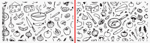 food doodle clipart, fruit vegetable illustration, hand drawn food icons, kitchen ingredient sketches, healthy food drawings, black white food clipart, printable food doodles, cooking illustration pac