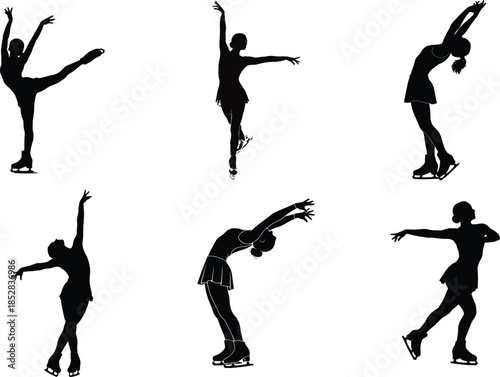 Silhouettes of figure skaters performing various poses on ice