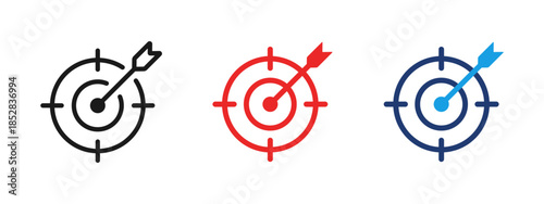 Target icon with arrow hitting the center. Goal and objective symbol for success, accuracy, focus, strategy, business planning and performance results.