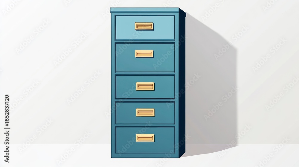 Fototapeta premium Modern blue cabinet with drawers and gold handles against a white wall