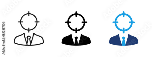 Employee search icon showing businessman with target symbol on head. Recruitment and hiring concept for HR selection, candidate search, talent acquisition and human resources management.