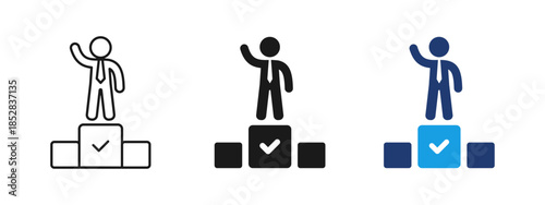 Success leader icon showing businessman standing on podium with check mark. Symbol of achievement, leadership, winning candidate, business success, goal completion and career growth.